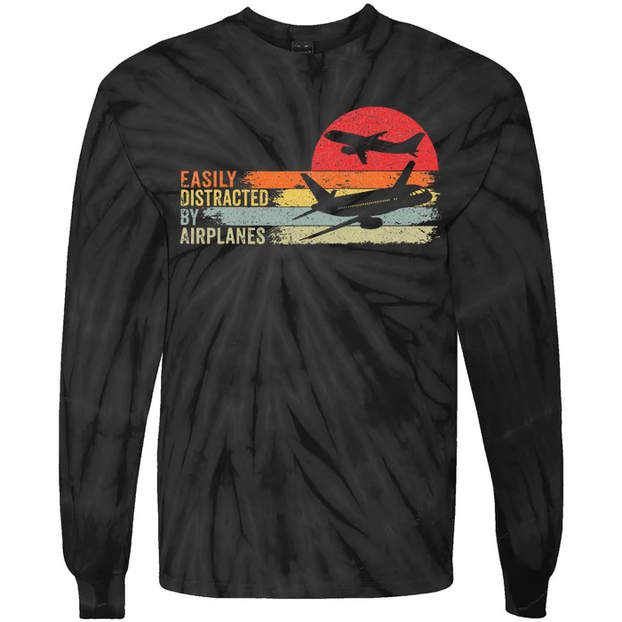 Vintage Easily Distracted By Airplanes Tie-Dye Long Sleeve Shirt