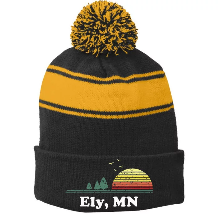 Vintage Ely Minnesota Home Souvenir Stripe Pom Pom Beanie