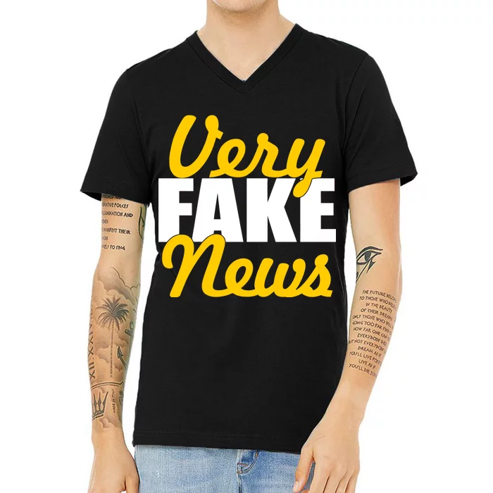 Very Fake News Black & Gold Script V-Neck T-Shirt