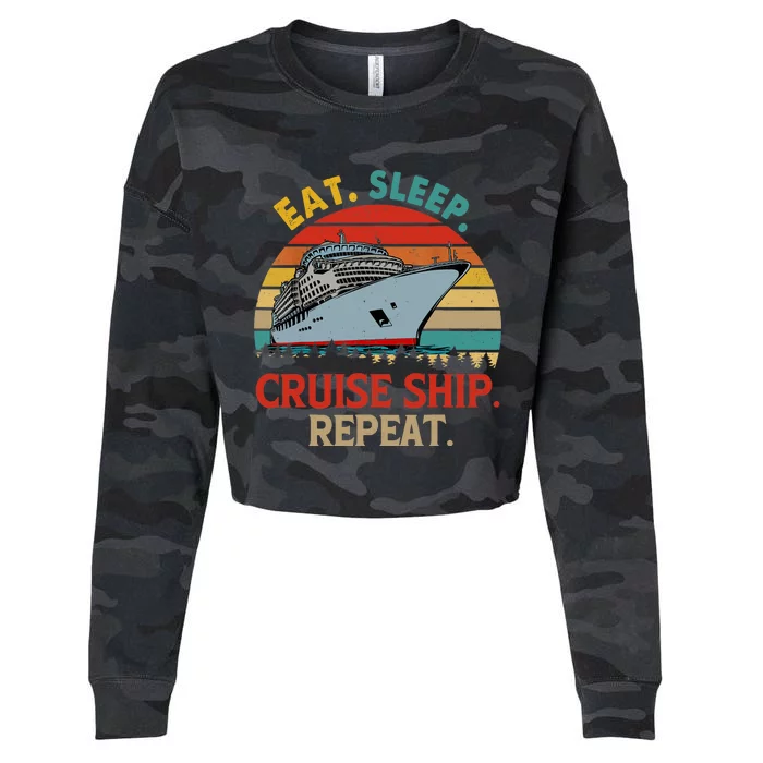 Vintage Eat Sleep Cruise Ship Repeat Funny Cruise Ship Lover Cropped Pullover Crew