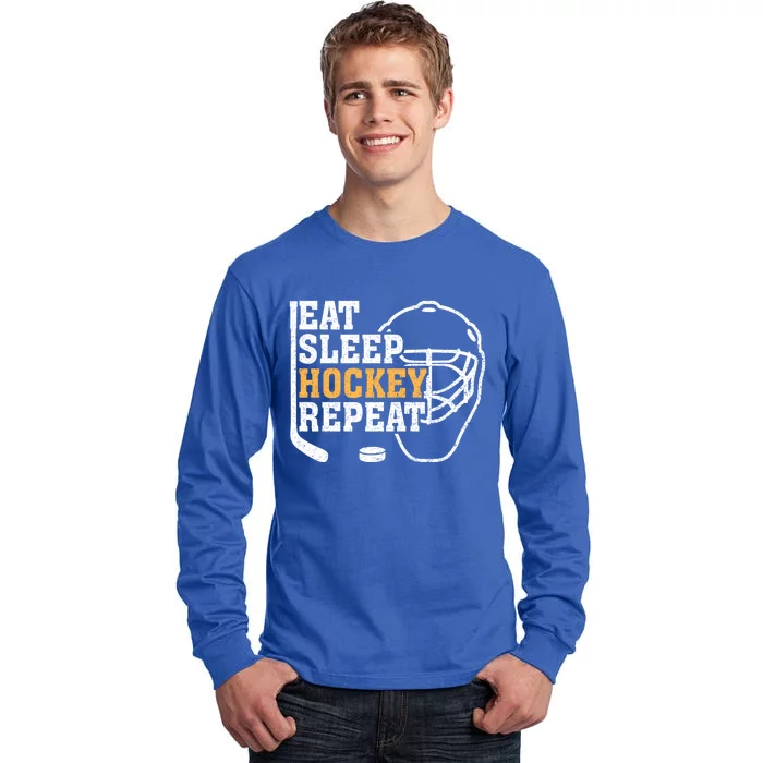 Vintage Eat Sleep Hockey Repeat Hockey Funny Ice Hockey Fan Gift Tall Long Sleeve T-Shirt