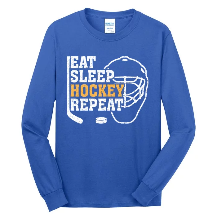 Vintage Eat Sleep Hockey Repeat Hockey Funny Ice Hockey Fan Gift Tall Long Sleeve T-Shirt