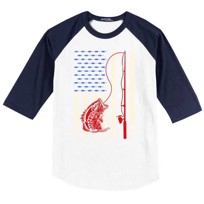 Vintage Fisherman American Flag Fishing Rod Fishing Lover Baseball Sleeve Shirt