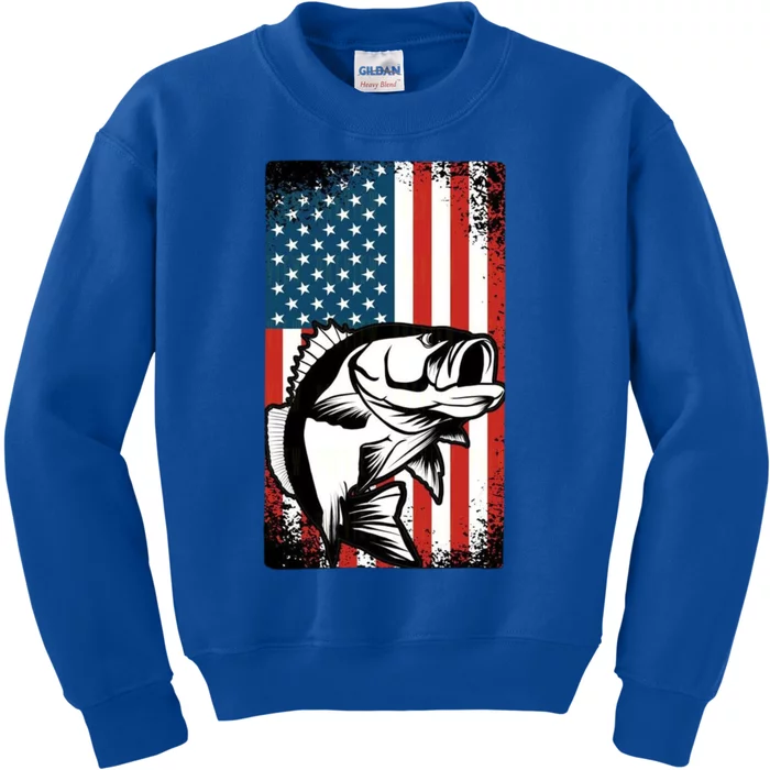 Vintage Fishing American Flag Bass Fishing For Fisher Gift Kids Sweatshirt