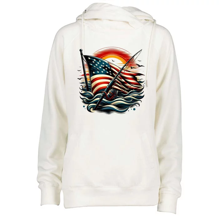 Vintage Fishing American Flag Bass Fishing Gift Womens Funnel Neck Pullover Hood