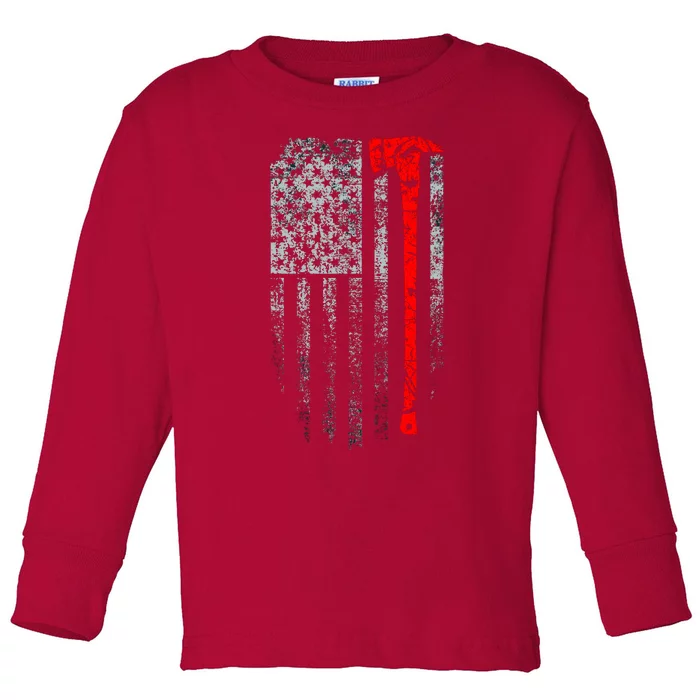 Vintage Firefighter American Grunge Flag & Axe Toddler Long Sleeve Shirt