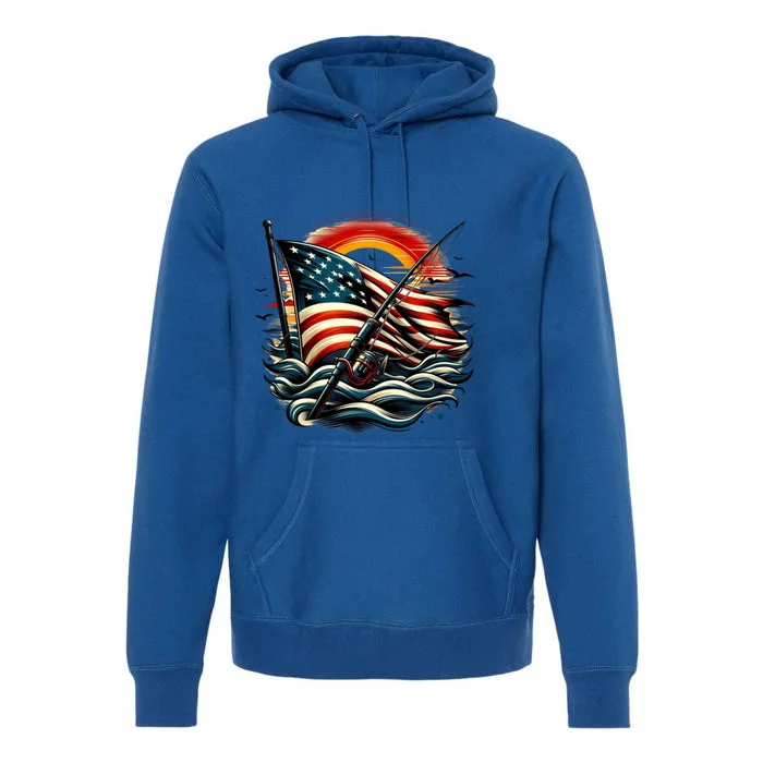 Vintage Fishing American Flag Bass Fishing Gift Premium Hoodie