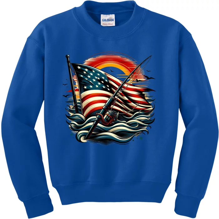 Vintage Fishing American Flag Bass Fishing Gift Kids Sweatshirt