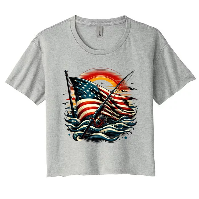 Vintage Fishing American Flag Bass Fishing Gift Women's Crop Top Tee