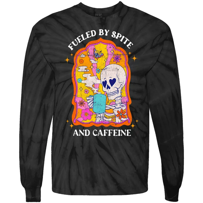 Vintage Fueled By Spite And Caffeine Skeleton Halloween Tie-Dye Long Sleeve Shirt