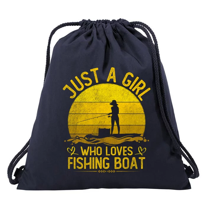 Vintage Fishing Boat Just A Who Loves Fishing Boat Funny Gift Drawstring Bag