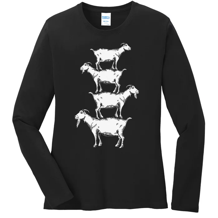 Vintage Four Buck Goats Over Each Other Farmer Goat Lovers Ladies Long Sleeve Shirt