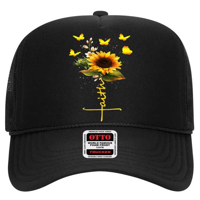 Vintage Faith Cross Sunflower Butterflies Flowers Christians High Crown Mesh Trucker Hat