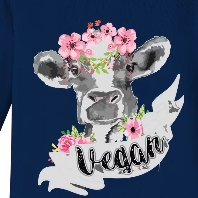 Vegan Funny Cow With Flower Headband Gift Baby Long Sleeve Bodysuit