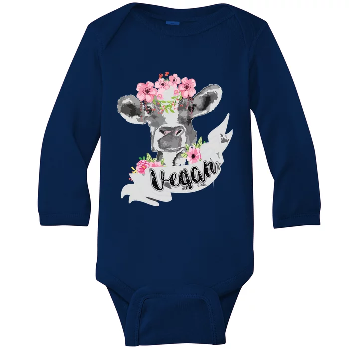 Vegan Funny Cow With Flower Headband Gift Baby Long Sleeve Bodysuit