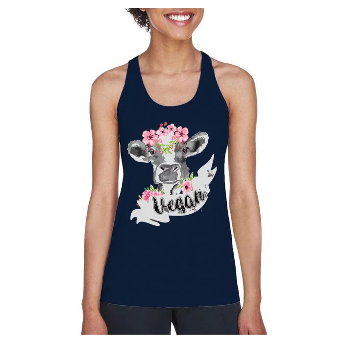 Vegan Funny Cow With Flower Headband Gift Women's Racerback Tank