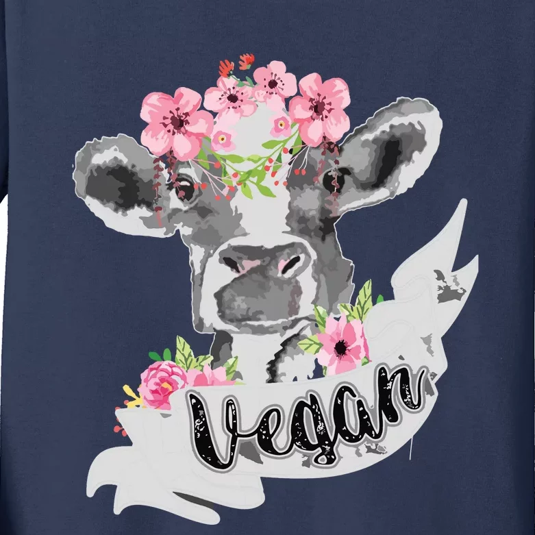 Vegan Funny Cow With Flower Headband Gift Kids Long Sleeve Shirt