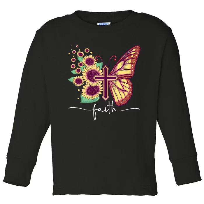 Vintage Faith Cross Sunflower Butterfly Christian Toddler Long Sleeve Shirt