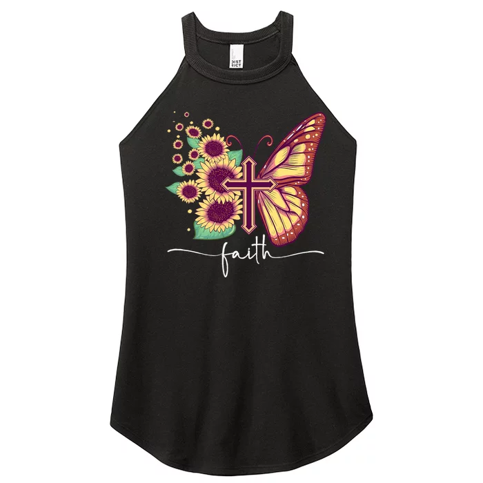 Vintage Faith Cross Sunflower Butterfly Christian Women’s Perfect Tri Rocker Tank