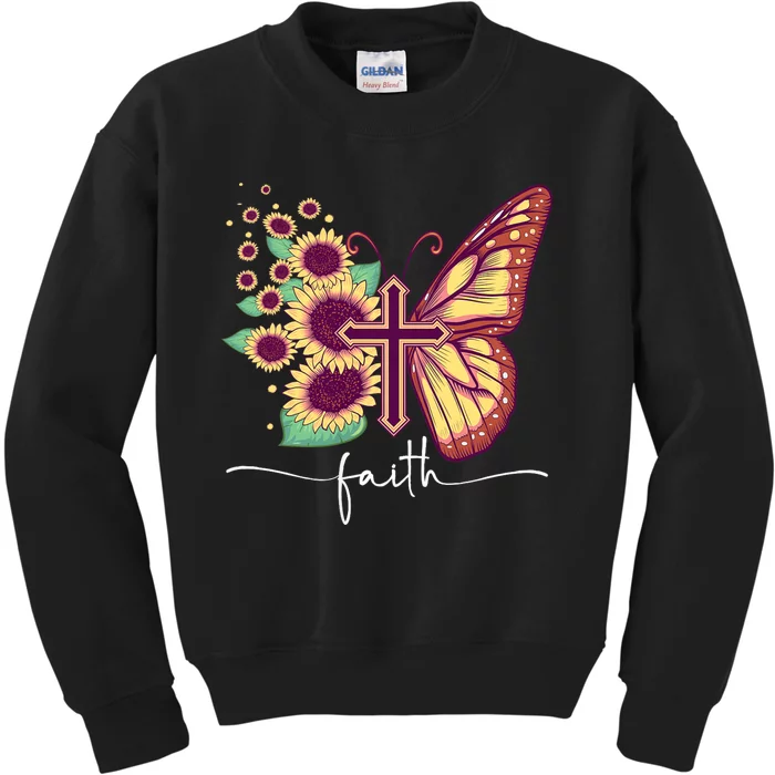 Vintage Faith Cross Sunflower Butterfly Christian Kids Sweatshirt