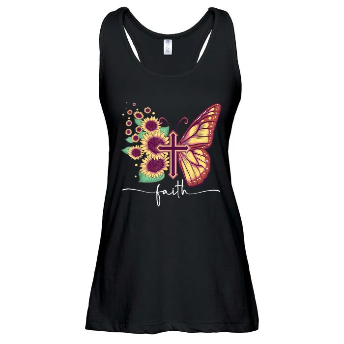 Vintage Faith Cross Sunflower Butterfly Christian Ladies Essential Flowy Tank