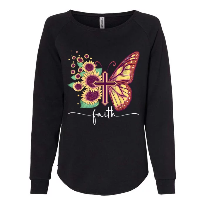 Vintage Faith Cross Sunflower Butterfly Christian Womens California Wash Sweatshirt