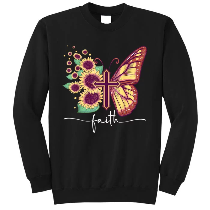 Vintage Faith Cross Sunflower Butterfly Christian Tall Sweatshirt