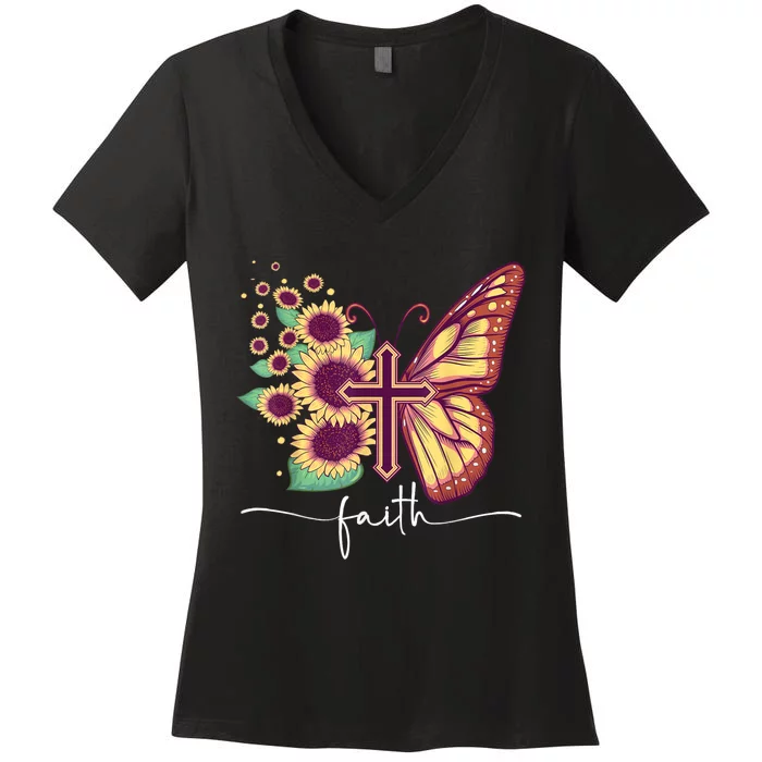 Vintage Faith Cross Sunflower Butterfly Christian Women's V-Neck T-Shirt