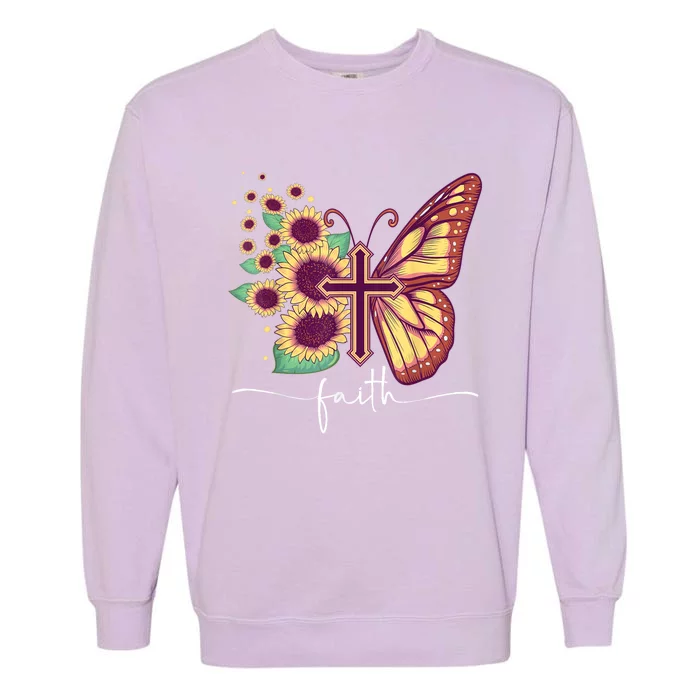 Vintage Faith Cross Sunflower Butterfly Christian Garment-Dyed Sweatshirt