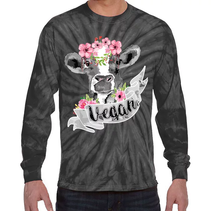 Vegan Funny Cow With Flower Headband Gift Tie-Dye Long Sleeve Shirt