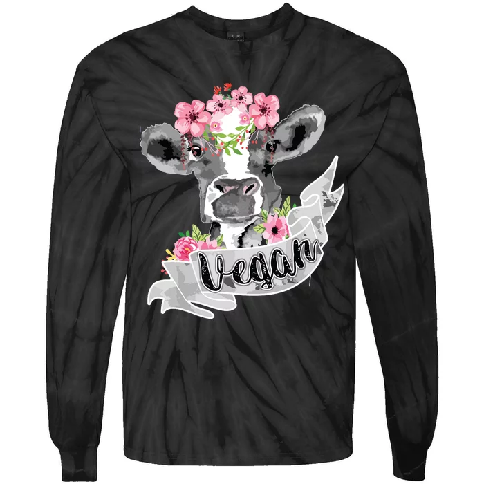 Vegan Funny Cow With Flower Headband Gift Tie-Dye Long Sleeve Shirt