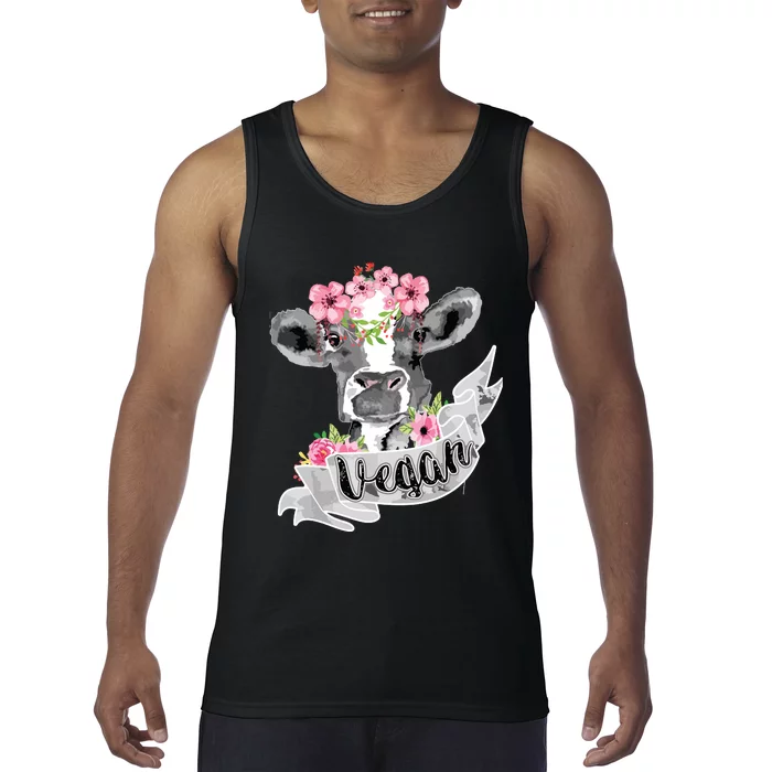 Vegan Funny Cow With Flower Headband Gift Tank Top