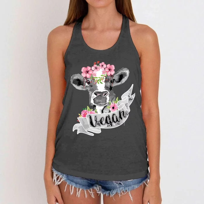 Vegan Funny Cow With Flower Headband Gift Women's Knotted Racerback Tank