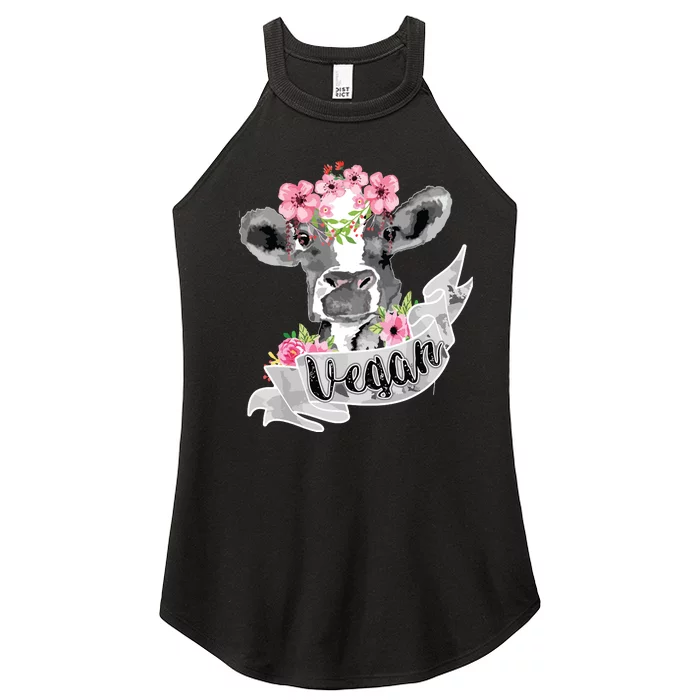 Vegan Funny Cow With Flower Headband Gift Women’s Perfect Tri Rocker Tank