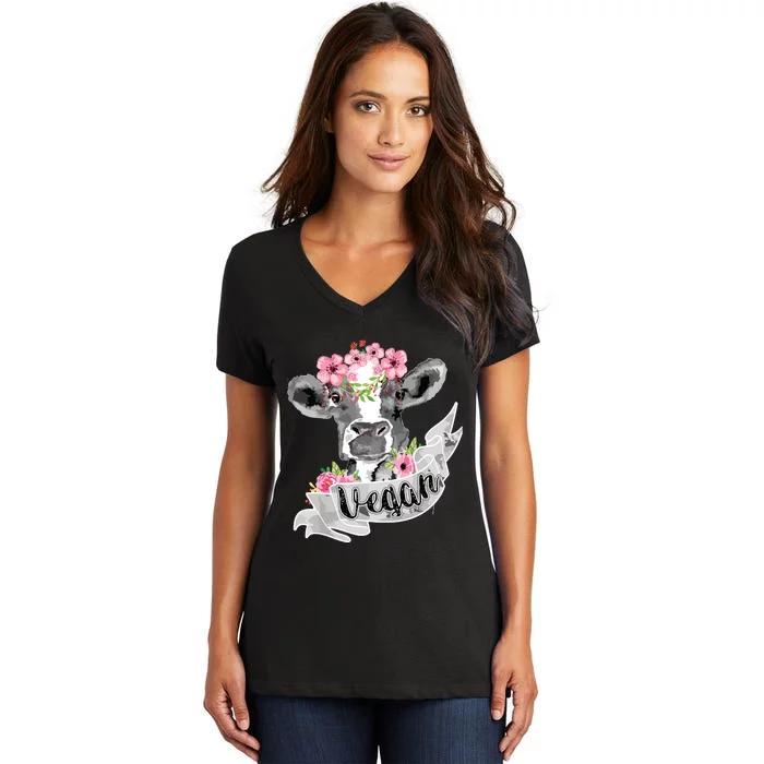 Vegan Funny Cow With Flower Headband Gift Women's V-Neck T-Shirt