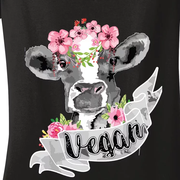 Vegan Funny Cow With Flower Headband Gift Women's V-Neck T-Shirt