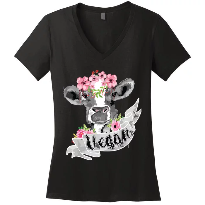 Vegan Funny Cow With Flower Headband Gift Women's V-Neck T-Shirt