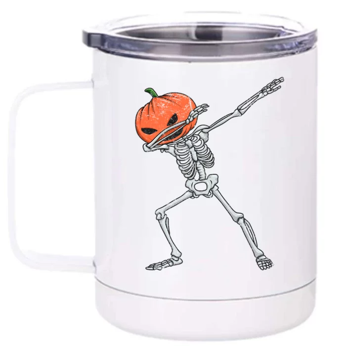 Vintage Funny Dabbing Skeleton Pumpkin Head Halloween Dab Gift Front & Back 12oz Stainless Steel Tumbler Cup