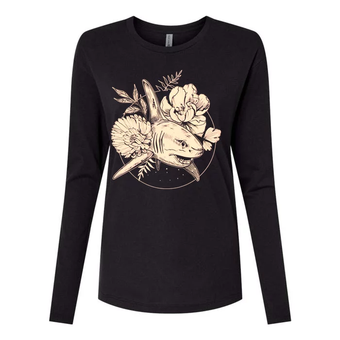 Vintage Flower Floral Shark Womens Cotton Relaxed Long Sleeve T-Shirt