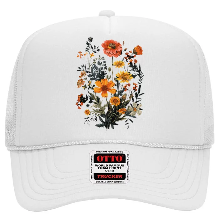 Vintage Flowers Floral Pressed Flower High Crown Mesh Trucker Hat