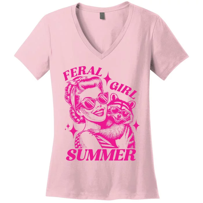 Vintage Feral Girl Summer Opossum Funny Raccoon Women Women's V-Neck T-Shirt