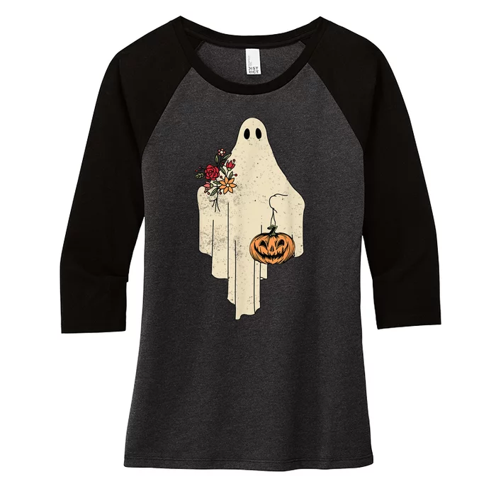 Vintage Floral Ghost Cute Halloween Costume Funny Graphic Women's Tri-Blend 3/4-Sleeve Raglan Shirt