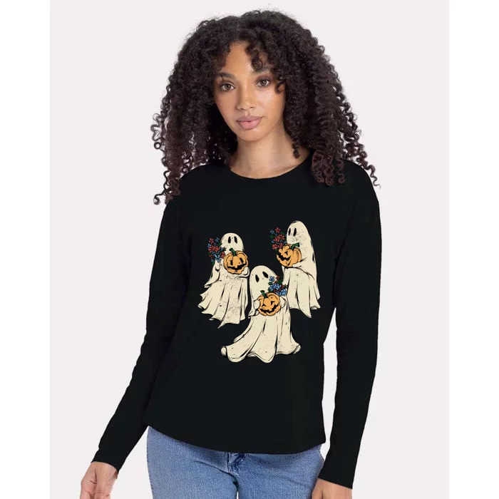 Vintage Floral Ghost Cute Halloween Costume Funny Graphic Womens Cotton Relaxed Long Sleeve T-Shirt