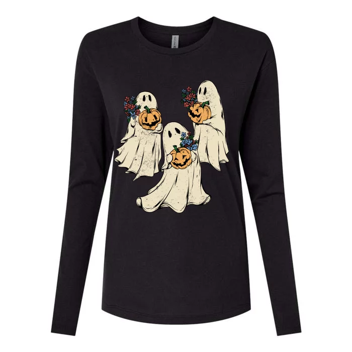 Vintage Floral Ghost Cute Halloween Costume Funny Graphic Womens Cotton Relaxed Long Sleeve T-Shirt