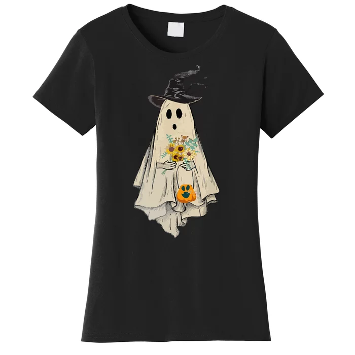 Vintage Floral Ghost Pumpkin Funny Graphic Halloween Gifts Women's T-Shirt