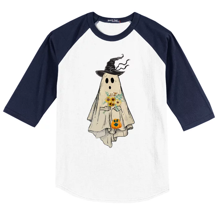 Vintage Floral Ghost Pumpkin Funny Graphic Halloween Gifts Baseball Sleeve Shirt