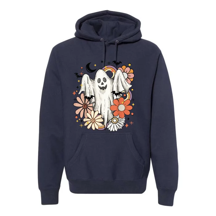 Vintage Floral Groovy Ghost Halloween Graphic Premium Hoodie