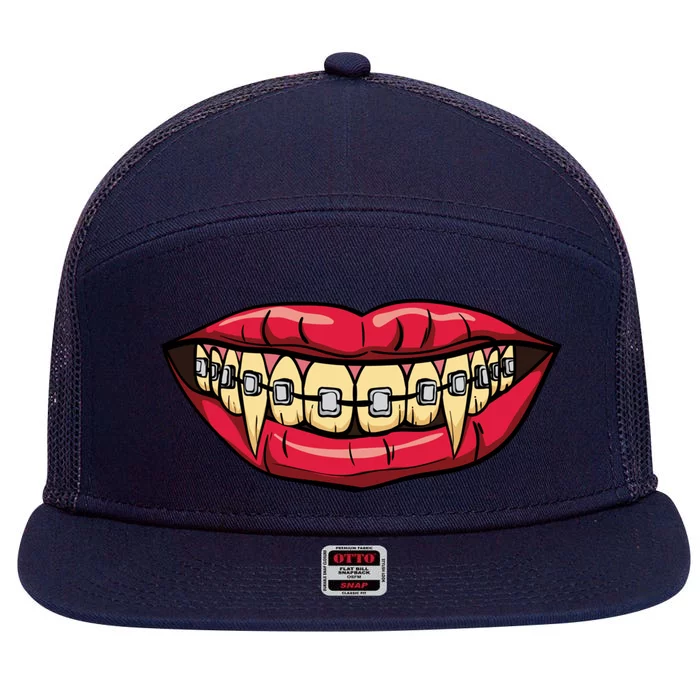 Vampire Fangs Halloween Dentist Orthodontic Braces Gift 7 Panel Mesh Trucker Snapback Hat