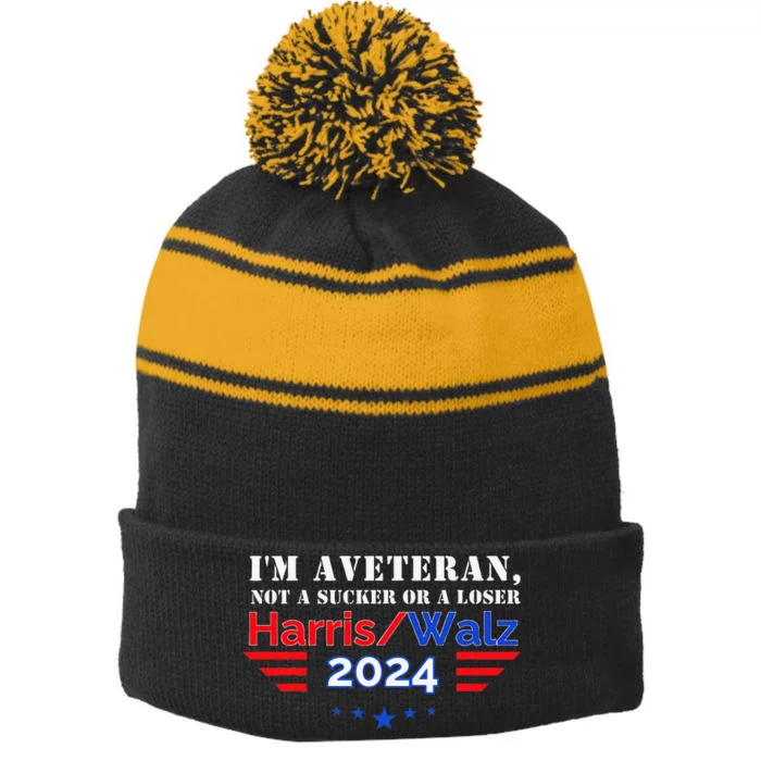 Veteran For Harris Walz For President 2024 Stripe Pom Pom Beanie