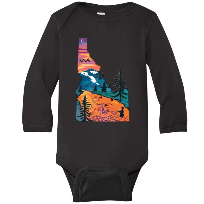 Vintage Fish Idaho State Map Id Fly Fishing Baby Long Sleeve Bodysuit